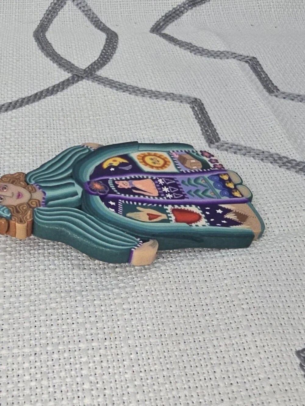 Handmade Folk Art Woman Brooch Polymer Clay Millefiori Quilt Design Whimsical